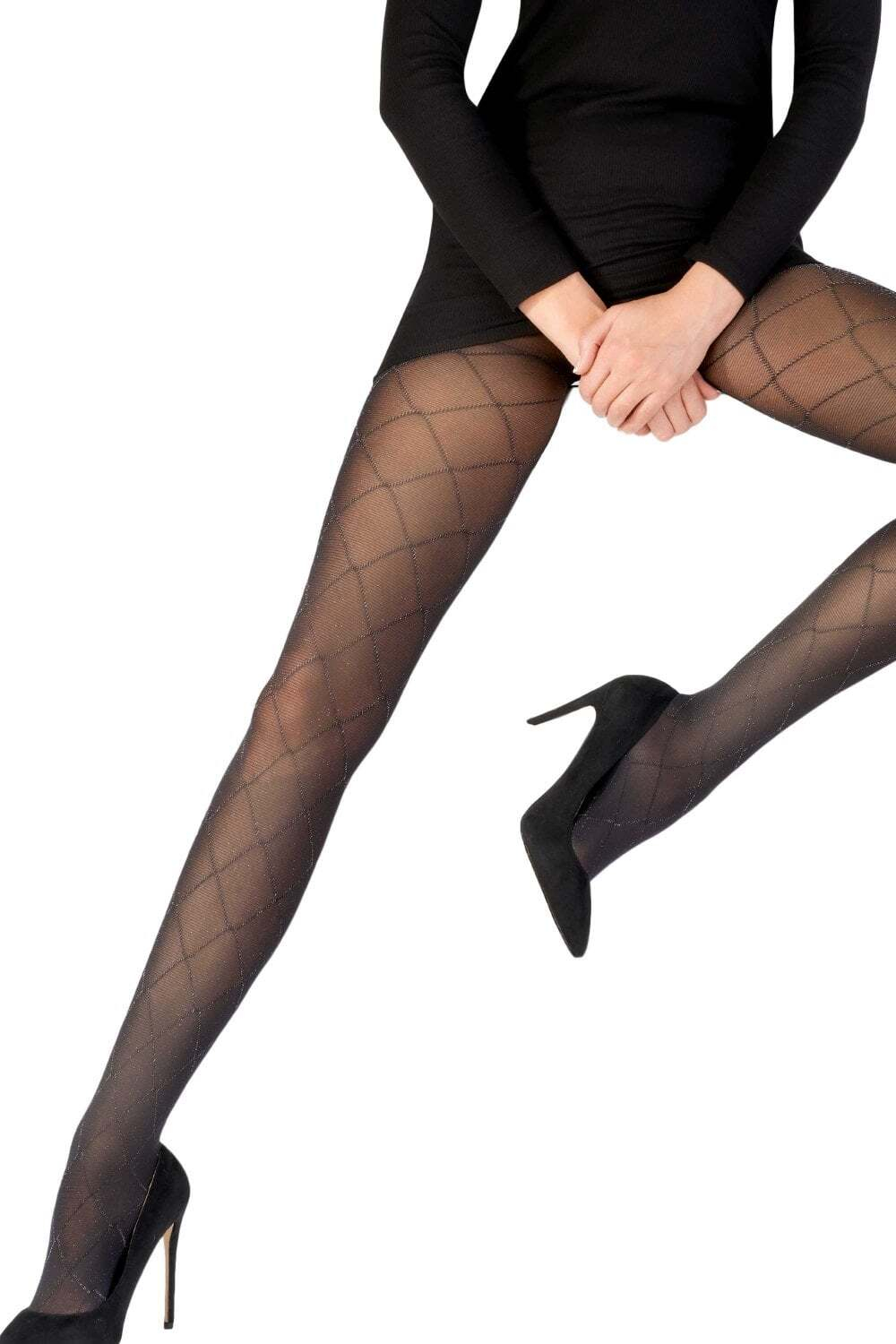 Оригинальные колготки с рисунком-сеткой из люрекса (Размер: S-M-L) (Цвет: черный с серебристым)