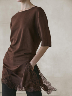 Massimo Dutti Платье с контрастной отделкой кружевом, коричневый