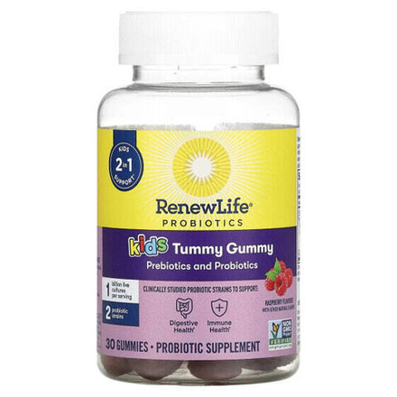 Детское здоровье Renew Life, Kids Tummy Gummy, Prebiotics and Probiotics, Raspberry, 30 Gummies