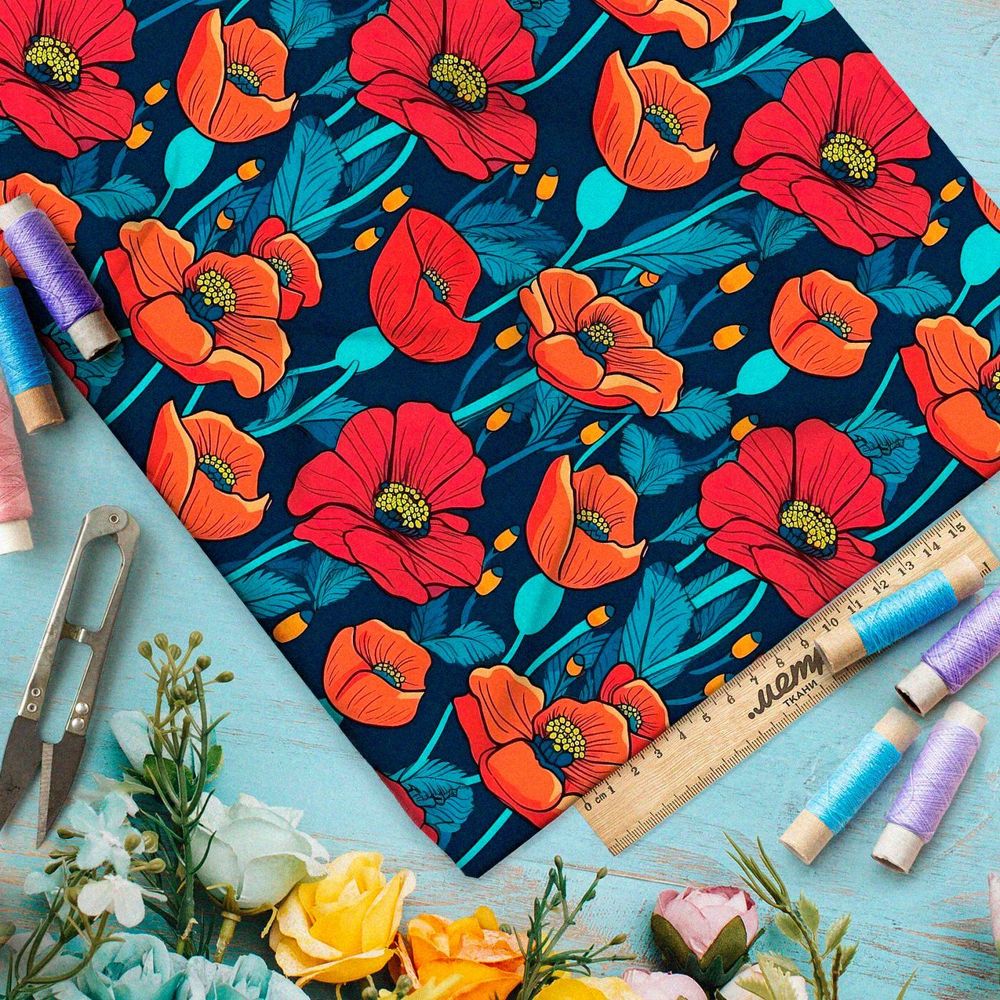 Ткань премиум таффета ночное поле маков