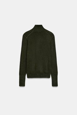 ZARA БАЗОВЫЙ ТРИКОТАЖНЫЙ ДЖЕМПЕР С ВЫСОКИМ ВОРОТНИКОМ, ТЕМНЫЙ ХАКИ