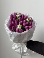 Букет из 31 фиолетового тюльпана и белого оксипеталума