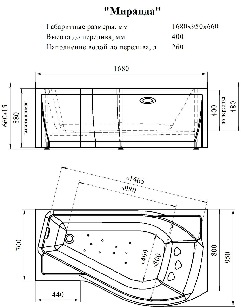 Акриловая ванна Миранда 168х95(правосторонняя), каркас