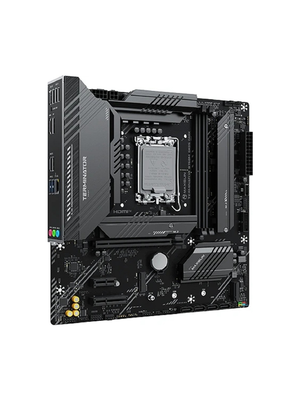 MAXSUN MS-Terminator B760M GKD5 DARK (Socket 1700, mATX, 2*DDR5, DP/HDMI, 4*SATA3, 3*M.2, 1*PCIEx16/1*PCIEx4/1*PCIEx1, LAN 1*2.5G , 6*USB2.0, 2*USB 3.2, 2*ARGB+1*RGB, black, RTL)