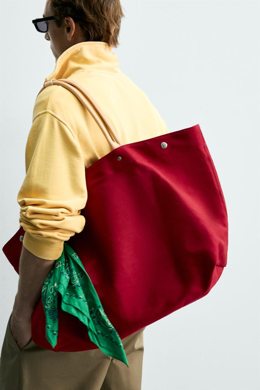 ZARA X AARON LEVINE СУМКА-ШОПЕР С КОЖАНЫМИ ДЕТАЛЯМИ, КРАСНЫЙ