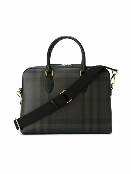 Портфель из кожи и ткани Burberry в клетку London Check темно-коричневый