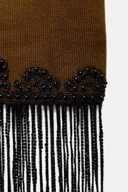 ZARA ТРИКОТАЖНЫЙ ЖИЛЕТ С БИСЕРОМ, КОРИЧНЕВЫЙ