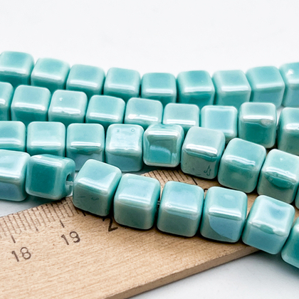 Бусина Куб, керамика, цвет бирюзовый, размер около 8,8*8,3 мм, цена за набор 9 шт