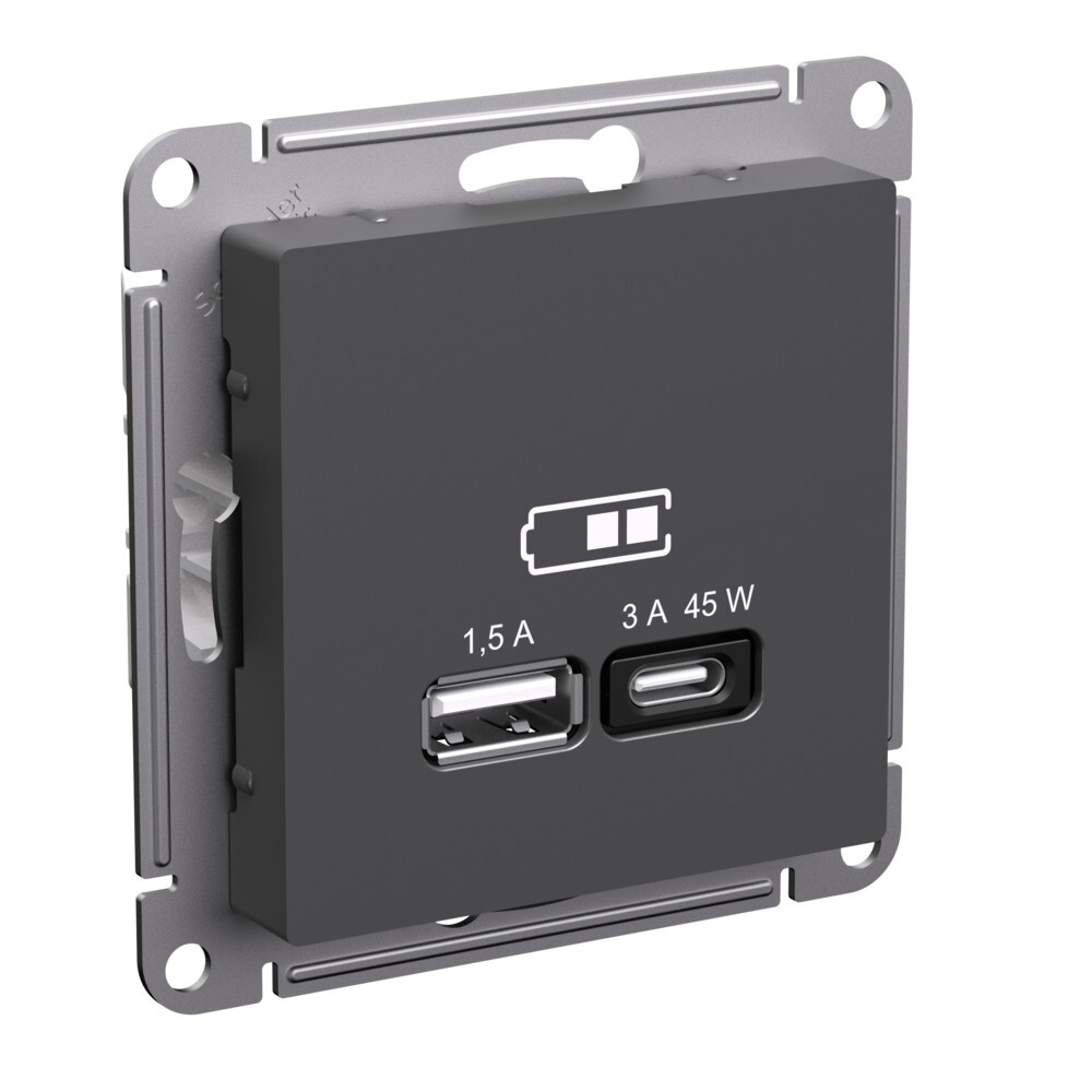ATLASDESIGN USB РОЗЕТКА A + тип-C 45Вт высокоскор.заряд. QC, PD, мех., БАЗАЛЬТ