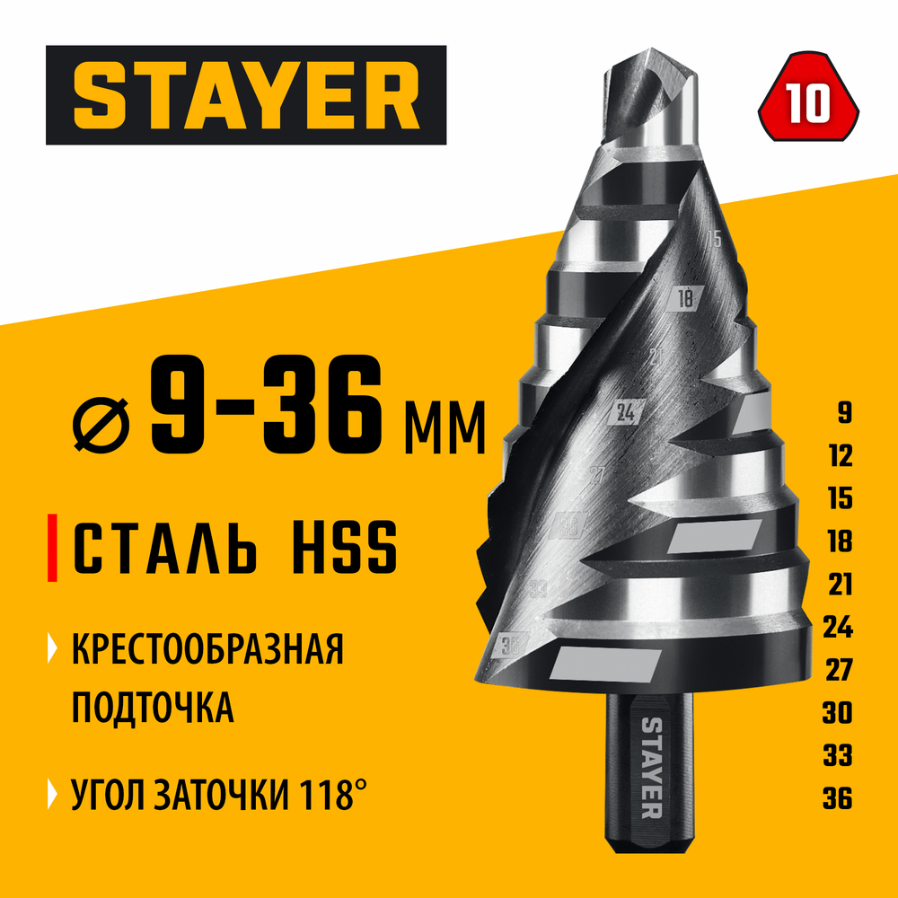 STAYER Pro-Max 9-36мм, 10 ступеней, винтовая спираль, сверло ступенчатое (29661-9-36-10)