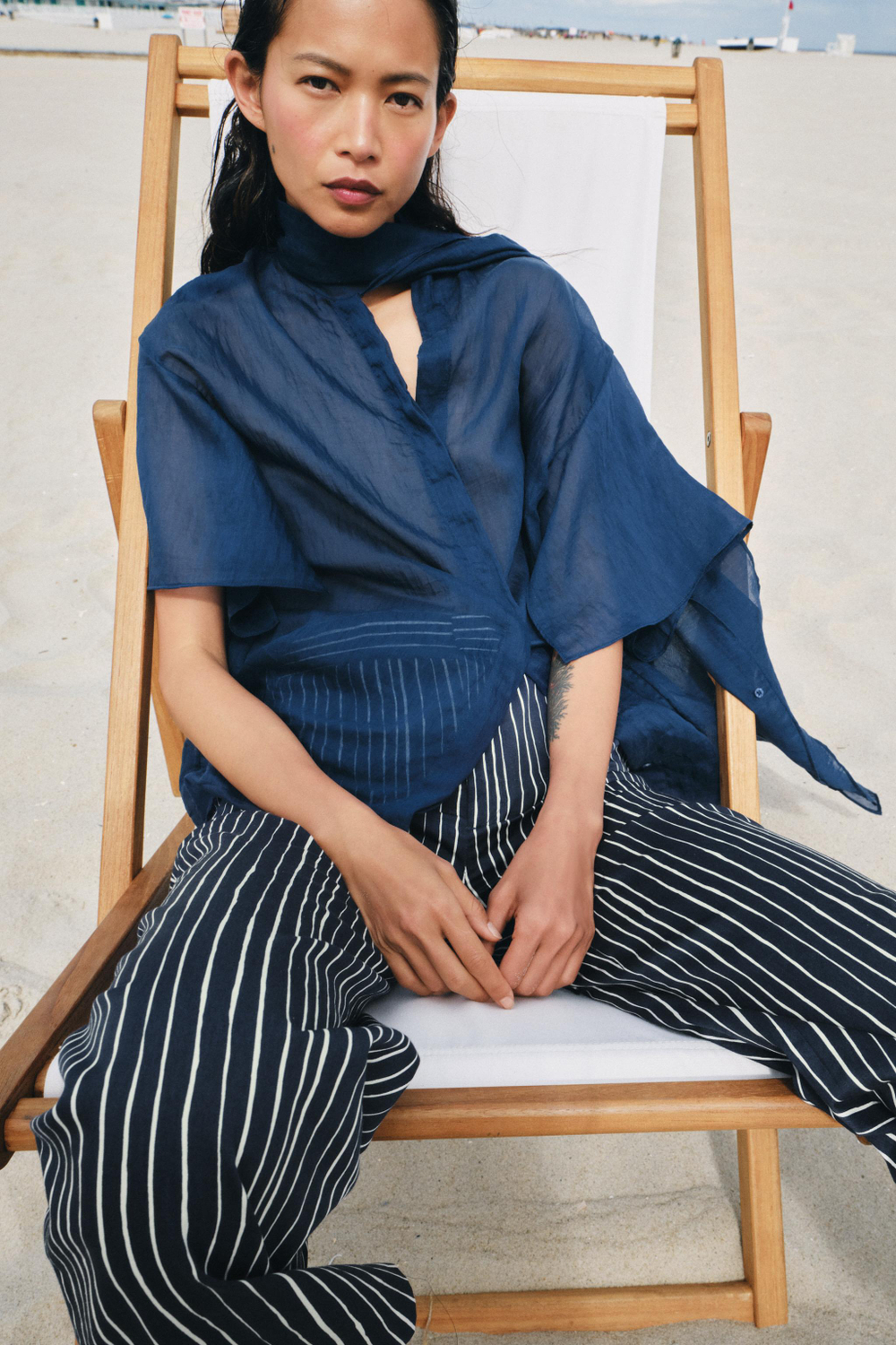 ZARA РУБАШКА С ШАРФОМ — ZW COLLECTION, СИНИЙ