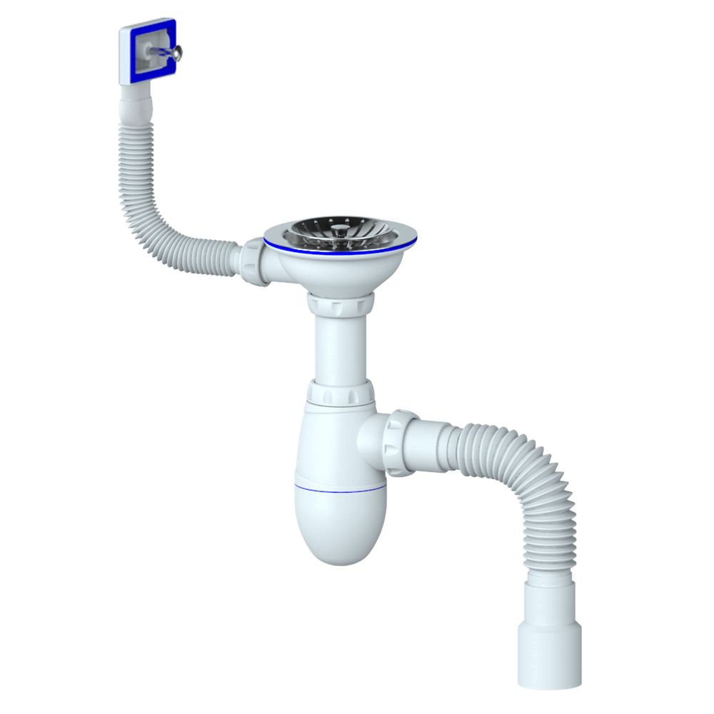 Сифон UNICORN для мойки, выпуск 1 1/2 (Ø40), прямоуг. перелив, чашка нерж. Ø115,ручка-пластик B425P