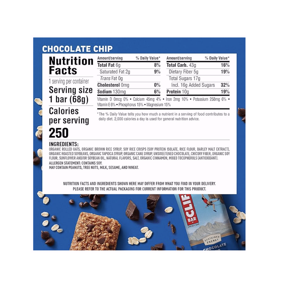 Clif Bar -Протеиновые батончики с  шоколадной крошкой — Сделано из органического овса — 10 г белка — Не содержит ГМО — На растительной основе — Энергетические батончики — 12 штук в упаковке