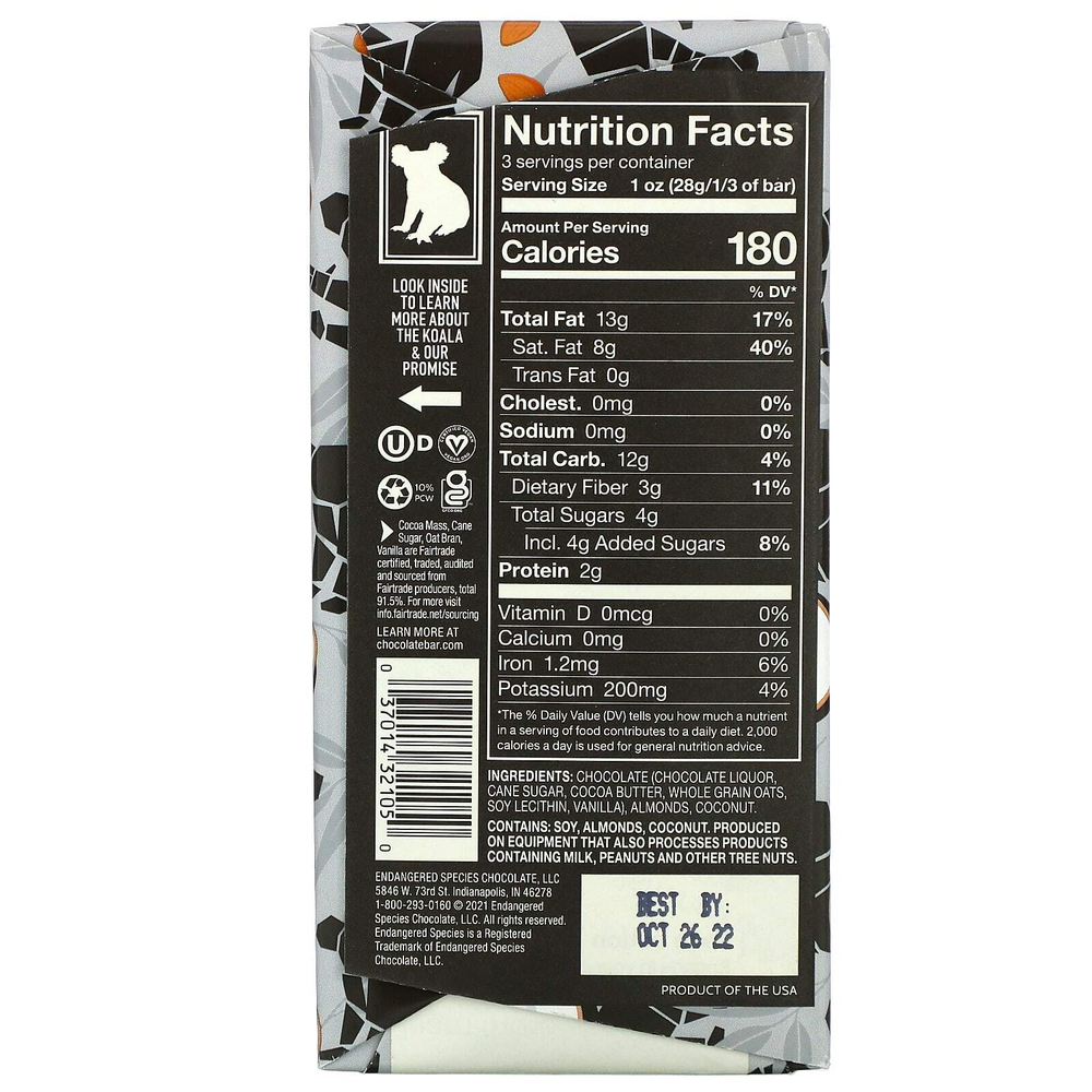 Endangered Species Chocolate, Овсяное молоко, кокос и миндаль + темный шоколад, 75% какао, 85 г (3 унции)