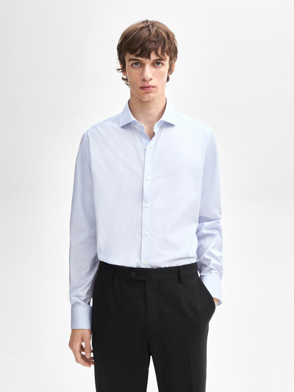 Massimo Dutti Приталенная хлопковая рубашка в микро-полоску, небесно-голубой