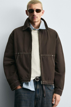 ZARA КУРТКА С ЭФФЕКТОМ ПОТЕРТОСТИ И КОНТРАСТНОЙ ОТСТРОЧКОЙ, КОРИЧНЕВЫЙ