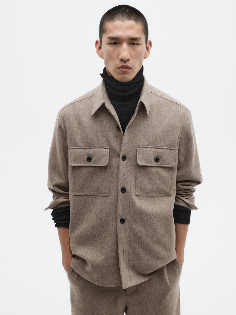 Massimo Dutti Куртка-рубашка из смесовой шерсти с карманами, норка