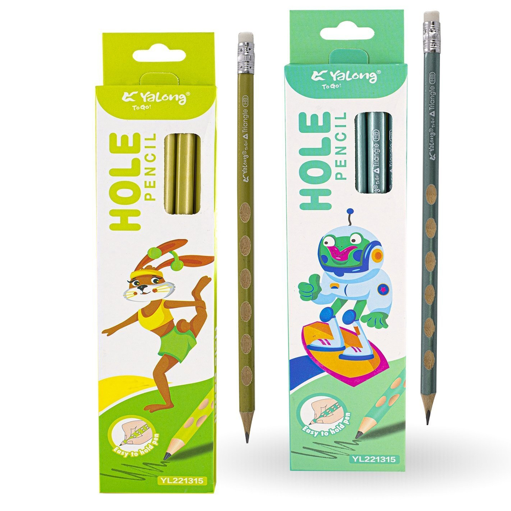 Набор ч/г карандашей, Yalong HB, "Веселый спорт", дерево, c ластиком, трехгранный, заточенный, вырубка, корпус ассорти, металлик, 12 шт/уп, европодвес