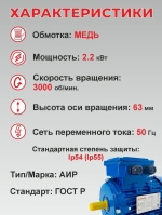 Электродвигатель 220В (380В), 2,2КВт, 3000 об/мин, АИР 80В2, PR13023