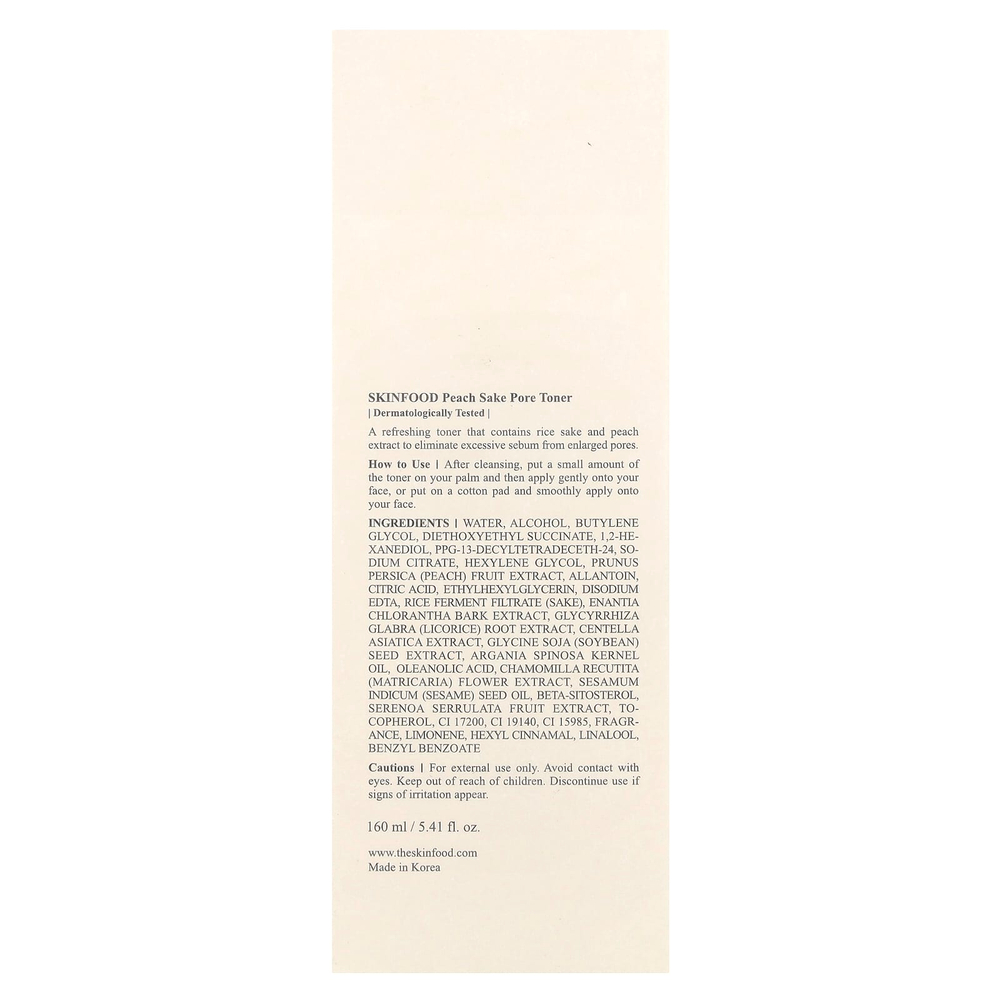 SKINFOOD, Тоник для пор с персиком, саке, 160 мл (5,41 жидк. Унции)