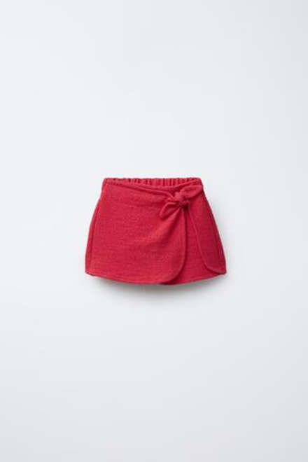 ZARA ЮБКА-ШОРТЫ ИЗ РЕЛЬЕФНОЙ ТКАНИ С БАНТОМ, КРАСНЫЙ