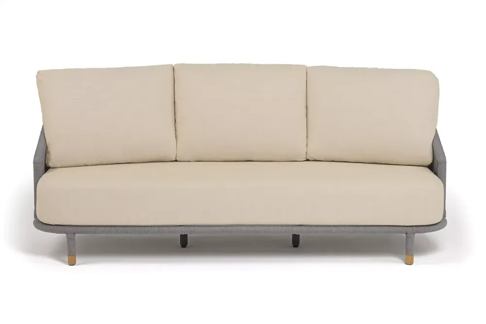 "Верона" диван 3-местный плетеный из роупа, каркас алюминий светло-серый (RAL7035) муар, роуп светло-серый круглый, ткань Mossle светло-бежевая