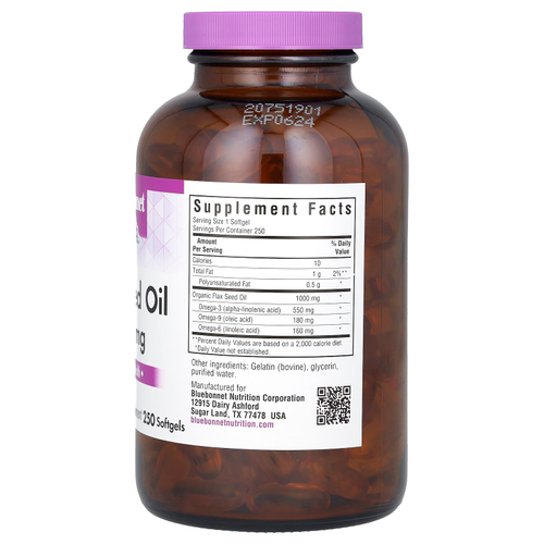 Bluebonnet Nutrition, Органическое льняное масло, 1000 мг, 250 мягких таблеток