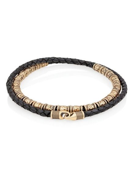 Браслет набор рун 24 шт из бронзы на черном кожаном шнуре с замком Captain Hook, завернутый в два оборота