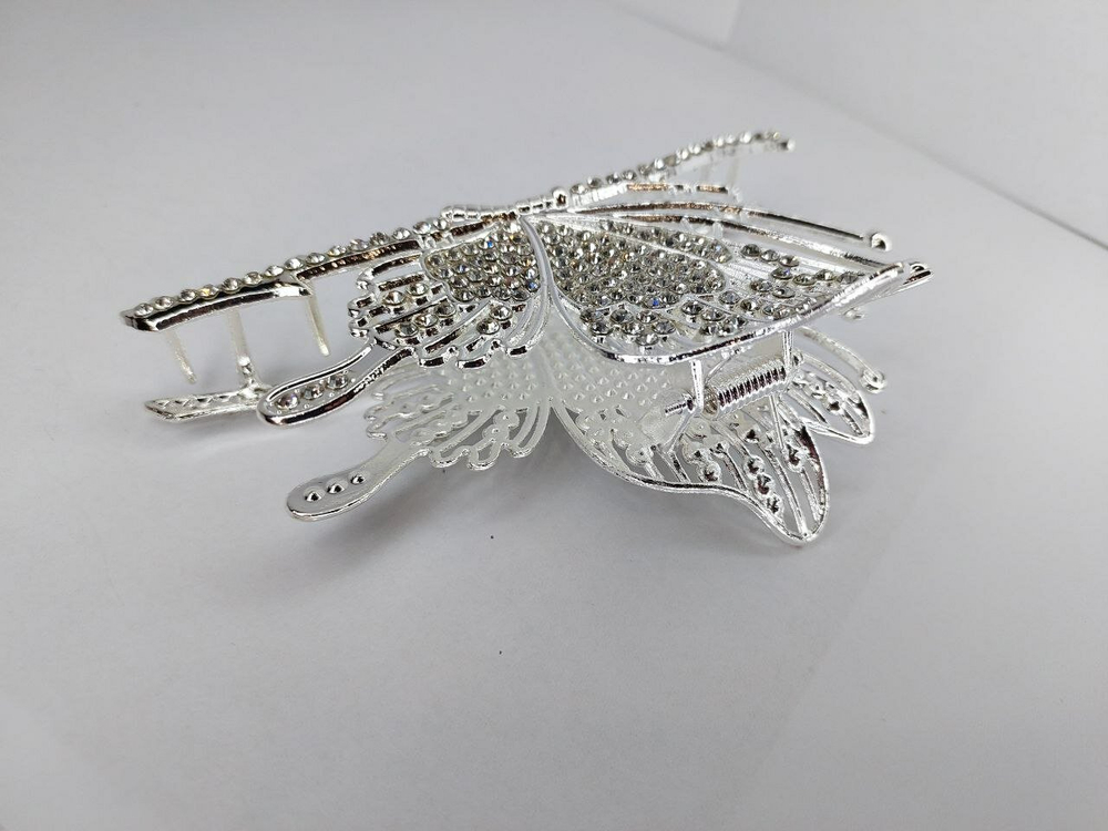 Заколка для волос "Бабочка", усиленная, с декором из страз, серебристый цвет