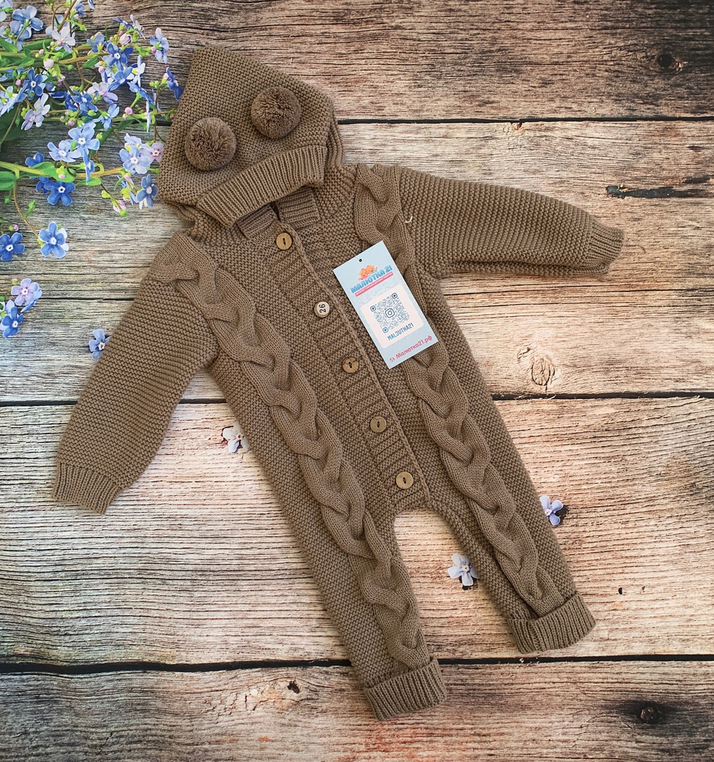 Комбинезон вязаный с капюшоном с пумпонами "АйШах" (штанишки) (Цвет: Фиолетовый, Размер: 26)