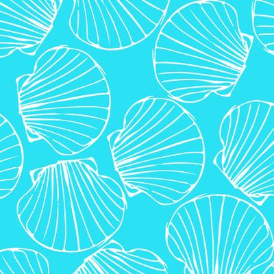 белые ракушки на синем фоне. Морской океан ракушки узор