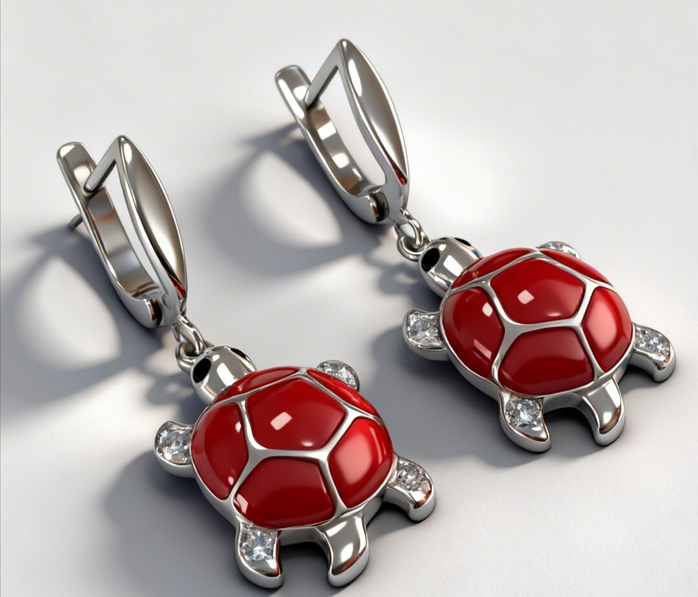 Ювелирные серьги"Черепаха" из серебра 925 пробы,вставка эмаль,фианиты