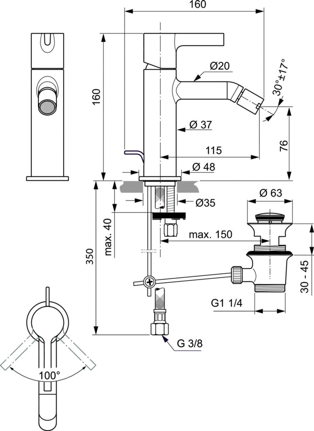 Смеситель Ideal Standard JOY для биде с донным клапаном, цвет - хром