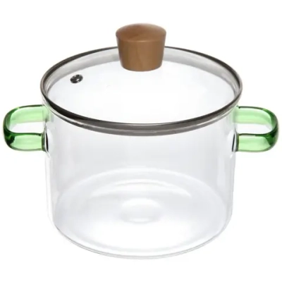 Кастрюля из боросиликатного стекла 1,5л «Хай-Тек» со стеклянными зелеными ручками
