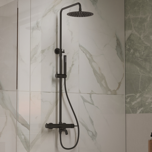 Душевая стойка Vincea Villa VSFS-1VL1MB с изливом, 25см верх. душ из нерж. стали, черный