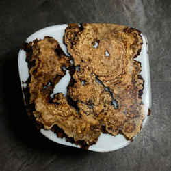 Дизайнерский стол из капы карагача с молочной смолой