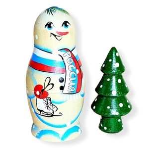 Матрешка "Снеговик с коньками" 2 в 1; Высота 9 см.