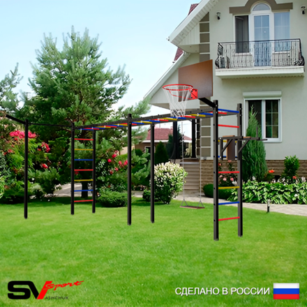Уличная шведская стенка Sv Sport рукоход х 2 с комплектом турник прямой У55433К (Брусья/Деревянные/Щит баскет/Кронш бокс)