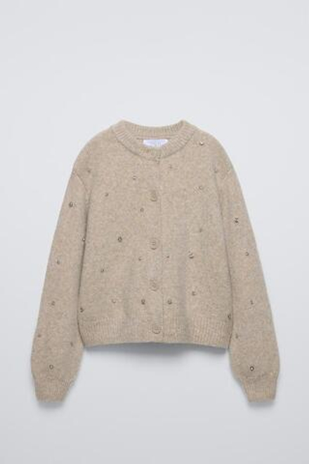 ZARA КАРДИГАН С БЛЕСТЯЩЕЙ ОТДЕЛКОЙ, РЫЖЕВАТО-КОРИЧНЕВЫЙ
