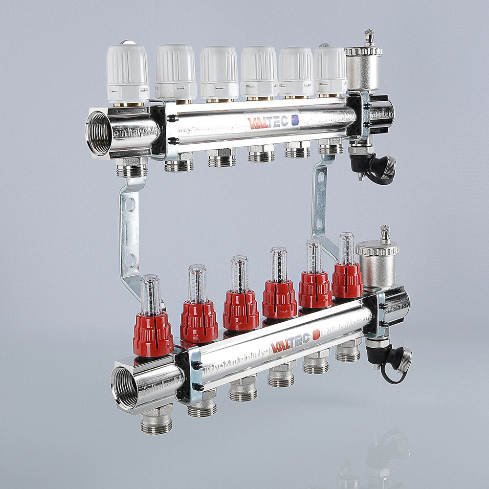 Коллекторный блок VALTEC латунный с регулировочными клапанами и расходомерами 1 1/4", 4 x 3/4", "евроконус"