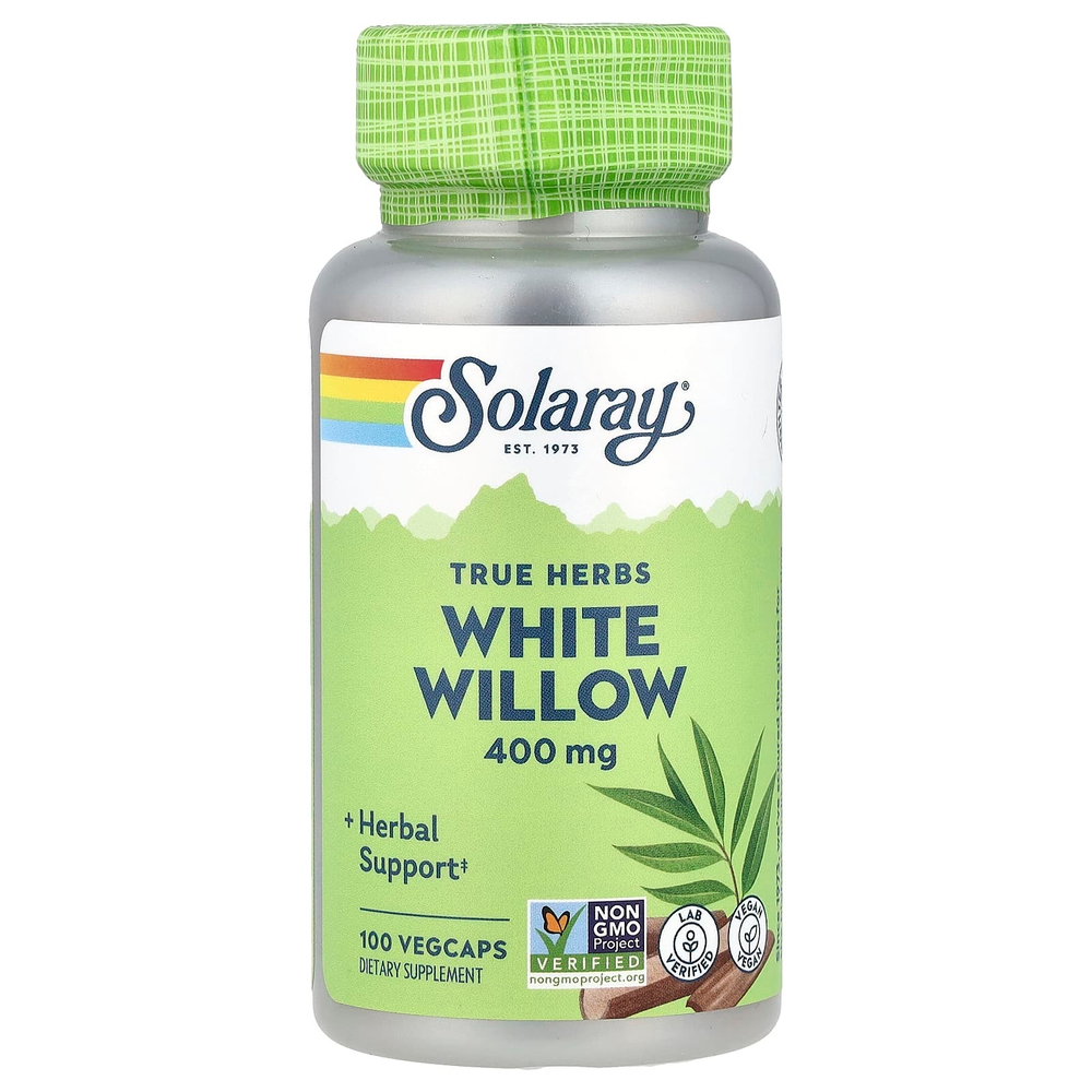 Solaray, True Herbs, белая ива, 400 мг, 100 растительных капсул