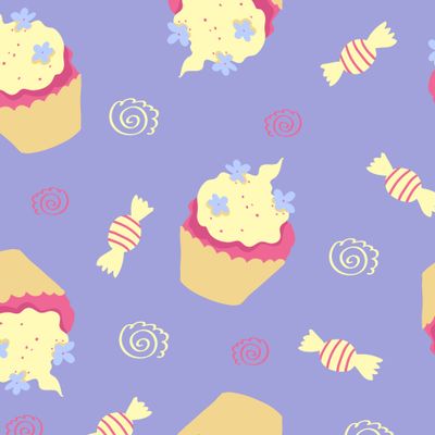 Летние кексики, конфеты и завитушки на сиреневом фоне. Summery cupcakes, candies and spirals on violet background