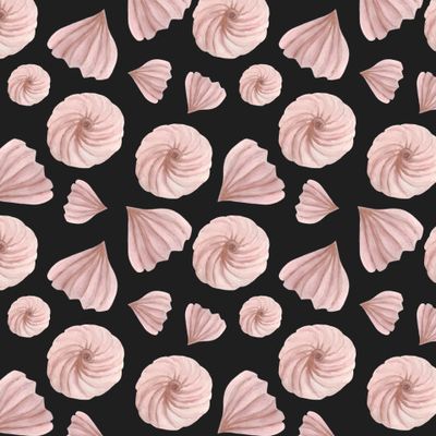 Нежный зефир на чёрном фоне. Акварельные сладости.