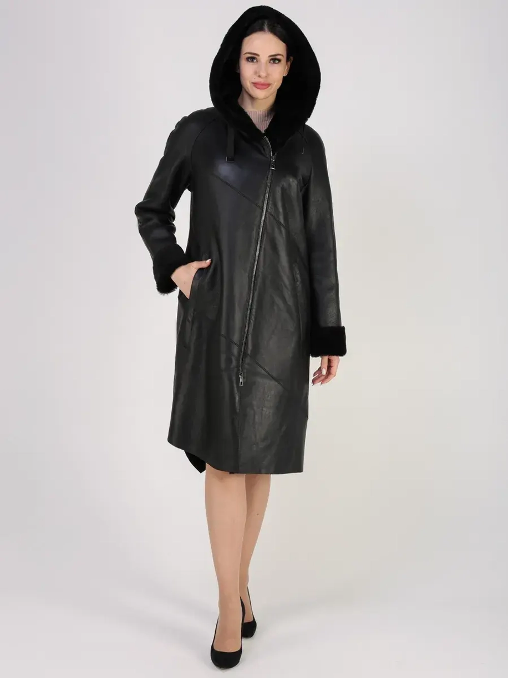 Дубленка зима натуральная удлиненная с капюшоном