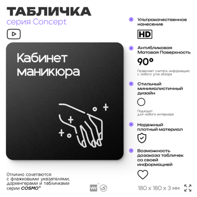 Табличка Кабинет маникюра, на дверь и стену, навигационная и информационная, серия CONCEPT, 18х18 см, Айдентика Технолоджи