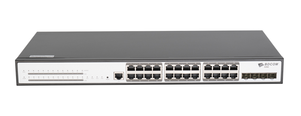 Управляемый коммутатор BDCOM S2900, 24 RJ45 1Гбит/с, 4 SFP+ 10Гбит/с, L2+, PoE
