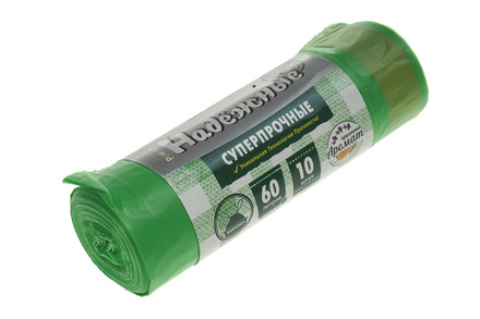 Мешки для мусора Надежные 60л 10 шт/уп 23мкм 60смх80см зеленые с завязками вес рулона 184г вес мешка 18.4г ПСД дно плоское со швом без боковых фальцев Ромашка ВЗ-060-10/13