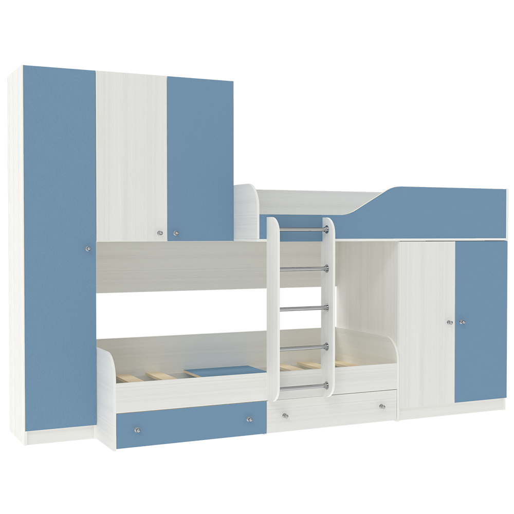 Двухъярусная кровать КарИВи Лео Белое Дерево Светло-синий, голубой