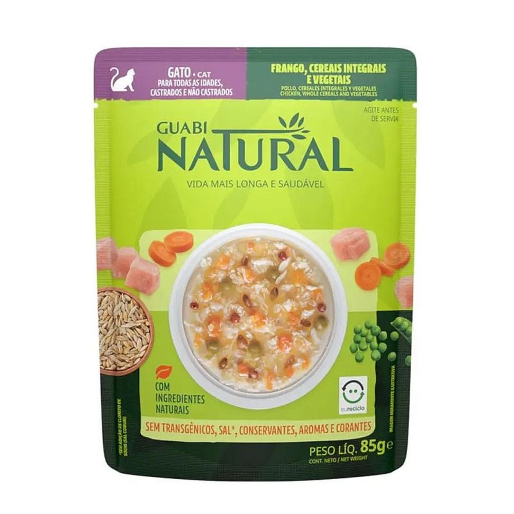 Влажный корм Guabi Natural Cat для взрослых кошек с курицей, цельнозерновыми злакими и овощами, Пауч 85 г