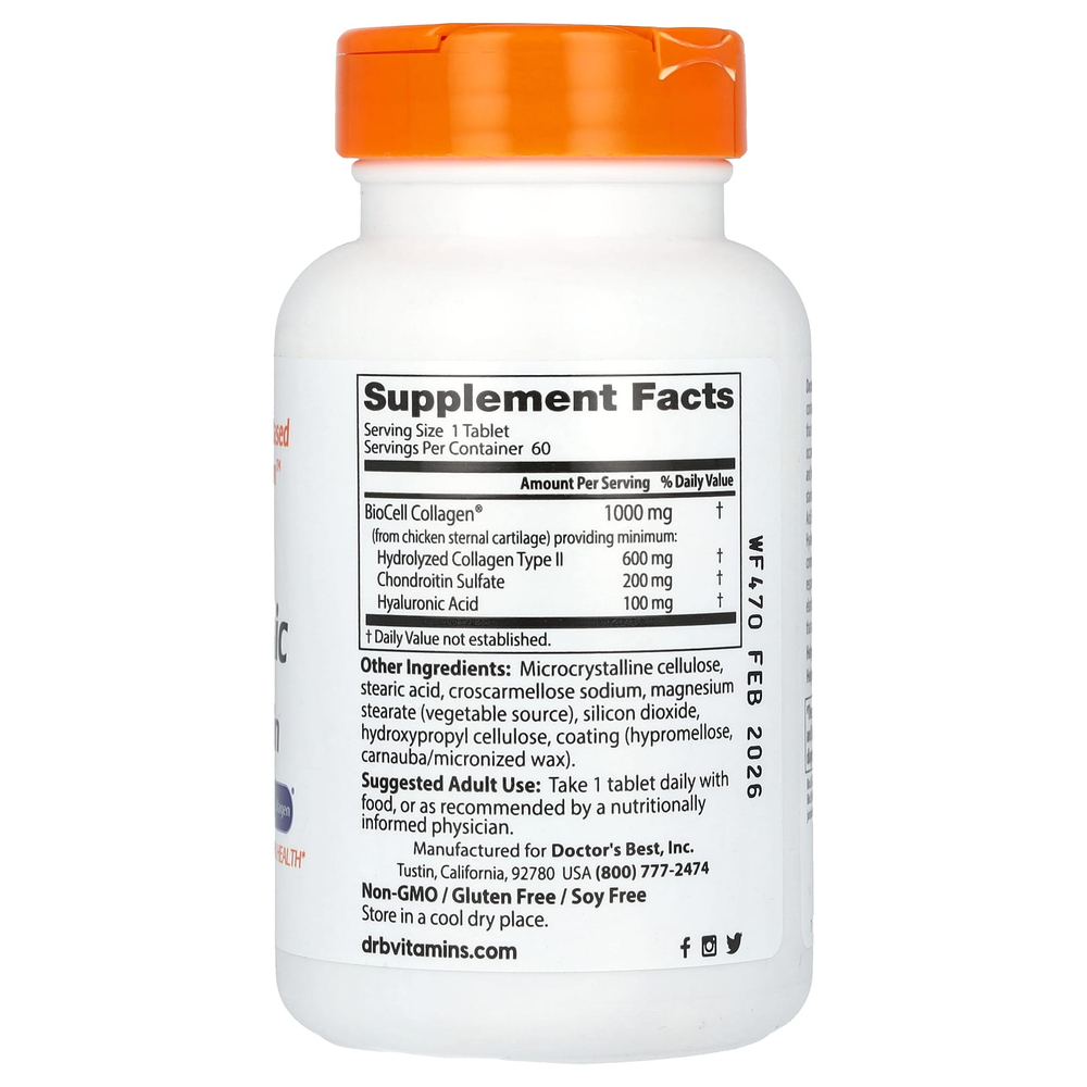 Doctor's Best, гиалуроновая кислота и сульфат хондроитина c составом BioCell Collagen, 60 таблеток
